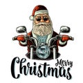 Santa Claus riding a motorcycle. Vector vintage black engraving Royalty Free Stock Photo