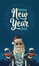 Santa Claus riding a motorcycle. Vector vintage black engraving Royalty Free Stock Photo