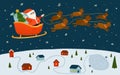 Santa Claus riding reindeer sleigh on the night sky above the winter village. Cute Christmas landscape banner for kids Royalty Free Stock Photo