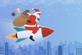Santa Claus riding a rocket and carrying Christmas gifts