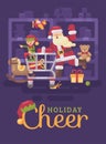 Santa Claus riding a shopping cart with his elf in a toy supermarket. Christmas flat illustration card Royalty Free Stock Photo