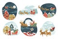 Santa Claus riding on sledges giving presents for xmas Royalty Free Stock Photo