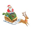 Santa Claus is riding a sleigh with a deer. Watercolor Santa sitting on a bag of gifts. Happy new year isolated