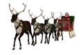 Santa Claus riding in a sleigh pulled by a team of reindeer. Isolated 3D rendering Royalty Free Stock Photo