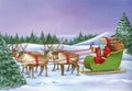 Santa Claus riding on sleigh with reindeer on Christmas Day.