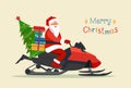 Santa claus riding Snowmobile isolated. Merry christmas stylized typography. Royalty Free Stock Photo