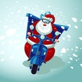 Santa Claus riding on a vintage moto bike. Christmas present delivery. Online store holiday courier service. Royalty Free Stock Photo