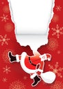 Santa Claus ripping red Christmas Paper Background.