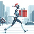 Santa claus robot android running with chrismas gift box in the street Royalty Free Stock Photo