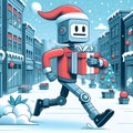 Santa claus robot android running with chrismas gift box in the street Royalty Free Stock Photo