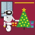 Santa Claus Robot decorating Christmas tree at home.