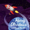 Santa Claus on a rocket flies in space around the Earth, Merry Christmas and Happy New Year. Winter, stars, vector Royalty Free Stock Photo