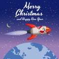 Santa Claus on a rocket flies in space around the Earth, Merry Christmas and Happy New Year. Winter, stars, vector Royalty Free Stock Photo