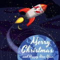 Santa Claus on a rocket flies in space around the Earth, Merry Christmas and Happy New Year. Winter, stars, vector Royalty Free Stock Photo