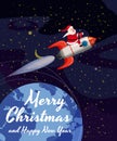 Santa Claus on a rocket flies in space around the Earth, Merry Christmas and Happy New Year. Winter, stars, vector Royalty Free Stock Photo