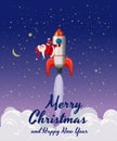 Santa Claus on a rocket flies in space around the Earth, Merry Christmas and Happy New Year. Winter, stars, vector Royalty Free Stock Photo