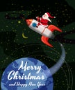 Santa Claus on a rocket flies in space around the Earth, Merry Christmas and Happy New Year. Winter, stars, vector Royalty Free Stock Photo