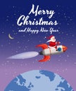 Santa Claus on a rocket flies in space around the Earth, Merry Christmas and Happy New Year. Winter, stars, vector Royalty Free Stock Photo