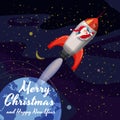 Santa Claus on a rocket flies in space around the Earth, Merry Christmas and Happy New Year. Winter, stars, vector Royalty Free Stock Photo