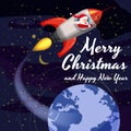 Santa Claus on a rocket flies in space around the Earth, Merry Christmas and Happy New Year. Winter, stars, vector Royalty Free Stock Photo