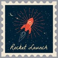 Santa Claus on a rocket flies in space around the Earth. Postage Stamp. Merry Christmas and Happy New Year, retro