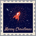 Santa Claus on a rocket flies in space around the Earth. Postage Stamp. Merry Christmas and Happy New Year, retro