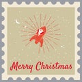 Santa Claus on a rocket flies in space around the Earth. Postage Stamp. Merry Christmas and Happy New Year, retro
