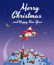 Santa Claus on a rocket flies in space around the Earth, small town. Merry Christmas and Happy New Year. Winter, stars Royalty Free Stock Photo