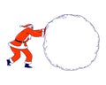 Santa Claus Rolling Huge Snowball Mockup with Copy Space. Christmas Character in Red Festive Costume with Empty Mock Up