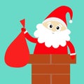 Santa Claus on the roof chimney. Red hat, costume, beard, belt buckle, bag. Merry Christmas. Cute cartoon kawaii funny character. Royalty Free Stock Photo