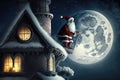 Santa Claus on the roof of the house near the chimney on Christmas night, generative AI. Royalty Free Stock Photo