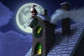 Santa Claus on the roof of the house near the chimney on Christmas night, generative AI. Royalty Free Stock Photo