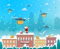 Santa Claus on the roof of the house using drone to delivery Christmas present happy new year merry Christmas holiday concept flat Royalty Free Stock Photo
