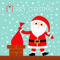 Santa Claus on the roof putting gift bag into chimney. Red hat, costume, beard, belt buckle. Merry Christmas. Candy cane. Cute car Royalty Free Stock Photo