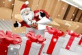 Santa Claus with a row of christmas presents and delivery boxes on conveyor belt 3d-illustration