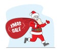 Santa Claus Run with Red Bag. Christmas Character in Red Hat and Festive Costume Holding Sack with Xmas Sale Typography Royalty Free Stock Photo