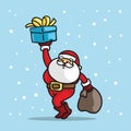 Santa claus with running bring a sack of gift and holding a box of gift. vector illustration. Royalty Free Stock Photo