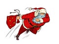 Santa Claus Is Running With A Gift Bag. Christmas Courier