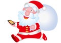 Busy Santa Claus running and searching for a house with his smartphone