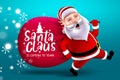 Santa claus running vector design. Santa claus is coming to town text with santa claus character running and holding sack bag. Royalty Free Stock Photo