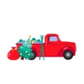 Santa Claus\'s car with presents and a Christmas tree. Vector illustration