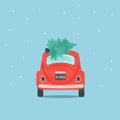 Santa Claus\'s car with a watercolour Christmas tree. Vector illustration