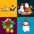 Santa Claus sack full of gifts, snowman candy, decoration ribbons pet dog in hat with present