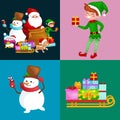 Santa Claus sack full of gifts, snowman candy, decoration ribbons pet dog in hat with presenta in sleigh, penguins elf