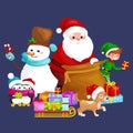 Santa Claus sack full of gifts, snowman candy, decoration ribbons pet dog in hat with presenta in sleigh, penguins elf