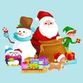 Santa Claus sack full of gifts, snowman candy, decoration ribbons pet dog in hat with presenta in sleigh, penguins elf