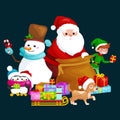 Santa Claus sack full of gifts, snowman candy, decoration ribbons pet dog in hat with presenta in sleigh, penguins elf