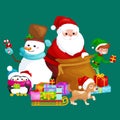 Santa Claus sack full of gifts, snowman candy, decoration ribbons pet dog in hat with presenta in sleigh, penguins elf