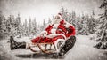 Santa Claus with a sack of presents on the sled with a blurred snowy winter Christmas day background. Royalty Free Stock Photo