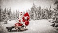 Santa Claus with a sack of presents on the sled with a blurred snowy winter Christmas day background. Royalty Free Stock Photo